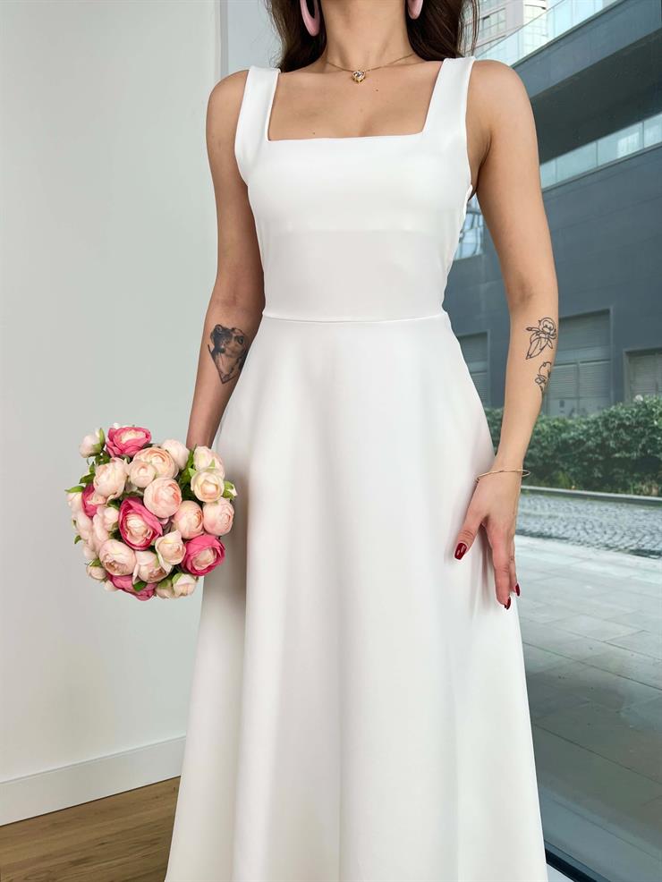 Kalın Askılı Kare Yaka Hans Kadın Ekru Midi Elbise 24Y312