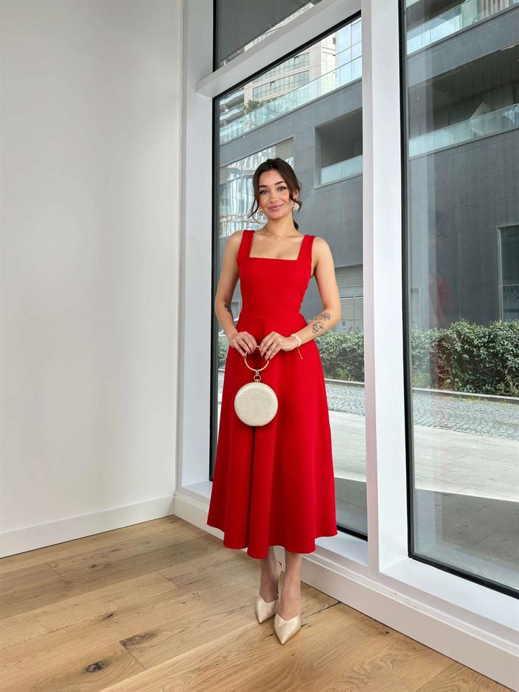 Kalın Askılı Kare Yaka Hans Kadın Kırmızı Midi Elbise 24Y312