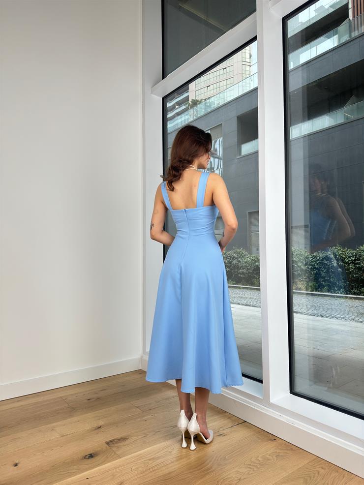 Kalın Askılı Kare Yaka Hans Kadın Bebe Mavisi Midi Elbise 24Y312