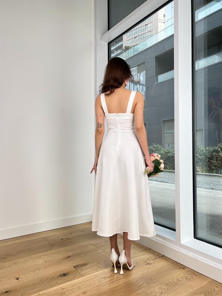 Kalın Askılı Kare Yaka Hans Kadın Ekru Midi Elbise 24Y312