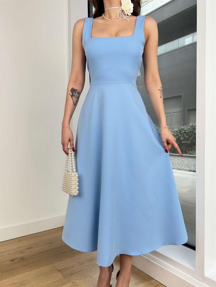 Kalın Askılı Kare Yaka Hans Kadın Bebe Mavisi Midi Elbise 24Y312