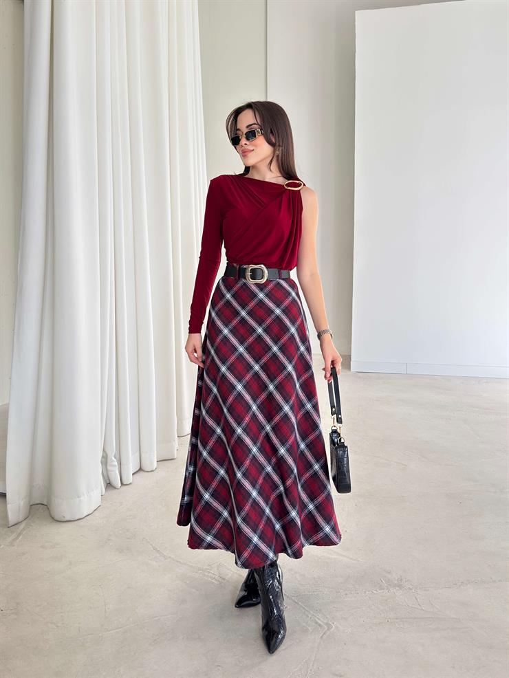 Desenli Yüksek Bel Harlemd Bordo Kadın Etek 26K379