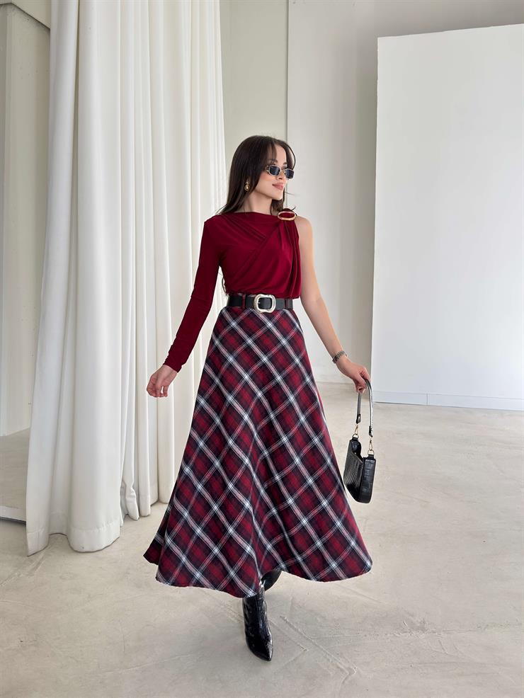 Desenli Yüksek Bel Harlemd Bordo Kadın Etek 26K379