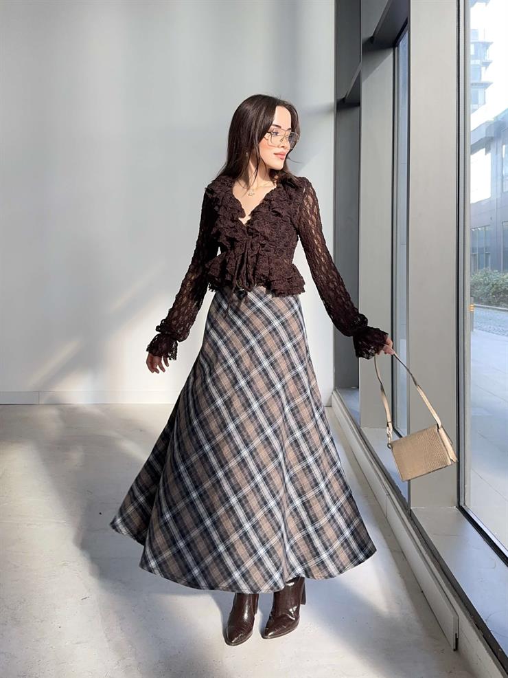 Desenli Yüksek Bel Harlemd Kahve Kadın Etek 26K379