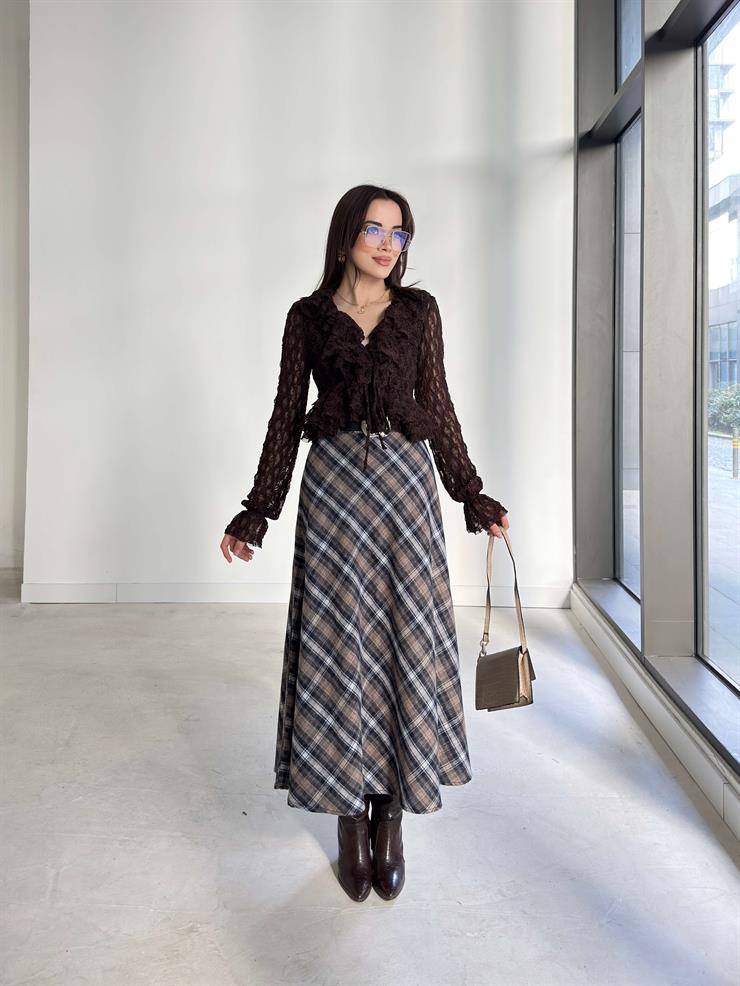 Desenli Yüksek Bel Harlemd Kahve Kadın Etek 26K379