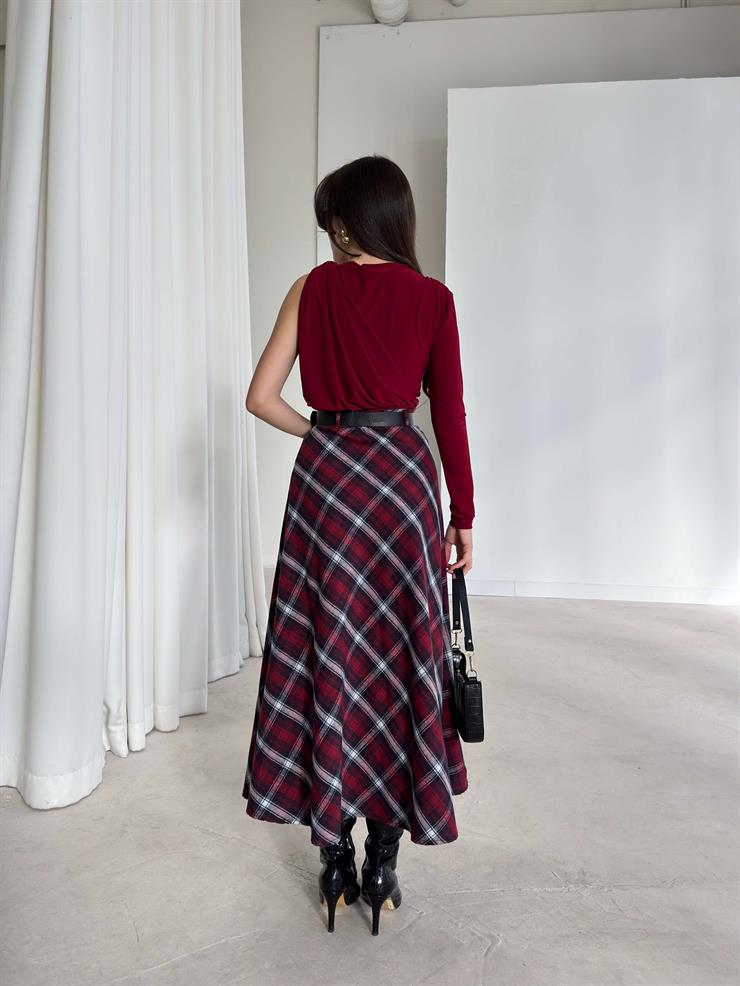 Desenli Yüksek Bel Harlemd Bordo Kadın Etek 26K379