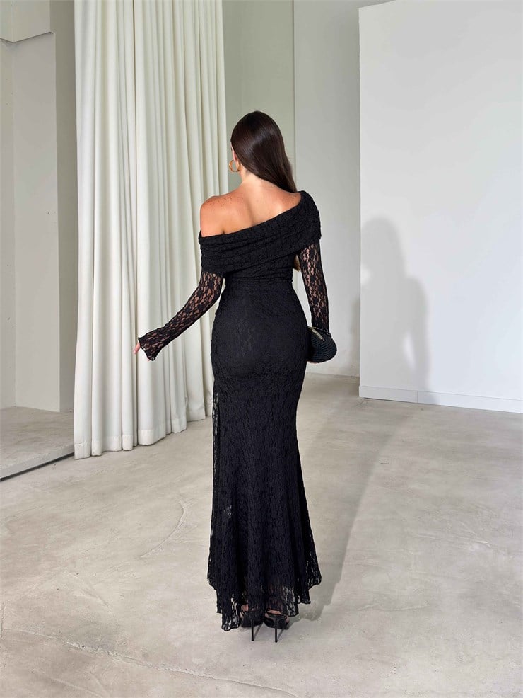 Yarım Madonna Yaka Önden Bağlamalı Maxi Boy Siyah Harli Kadın Elbise 26Y525