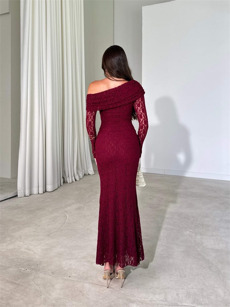 Yarım Madonna Yaka Önden Bağlamalı Maxi Boy Bordo Harli Kadın Elbise 26Y525