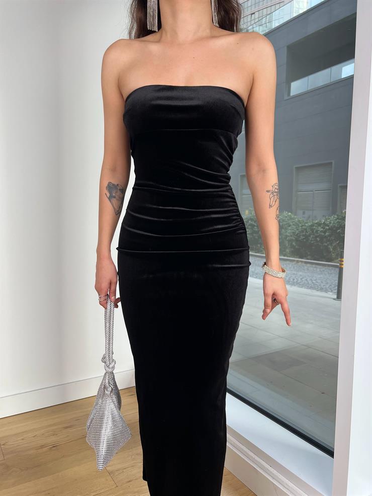 Straplez Drapeli Kadife Harnel Siyah Kadın Uzun Elbise 25K388