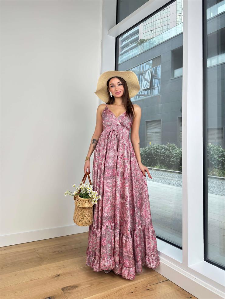 Askılı V Yaka Önü Bağlama Detaylı Eteği Volanlı Harold Kadın Desenli Fuşya Elbise 23Y000554