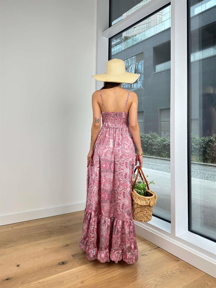 Askılı V Yaka Önü Bağlama Detaylı Eteği Volanlı Harold Kadın Desenli Fuşya Elbise 23Y000554