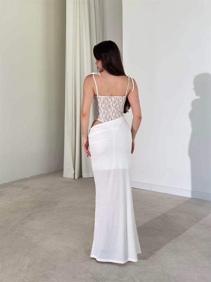 Askısı Bağlamalı Dantel Detaylı Alttan Çıtçıtlı Beyaz Harper Kadın Elbise 26Y305