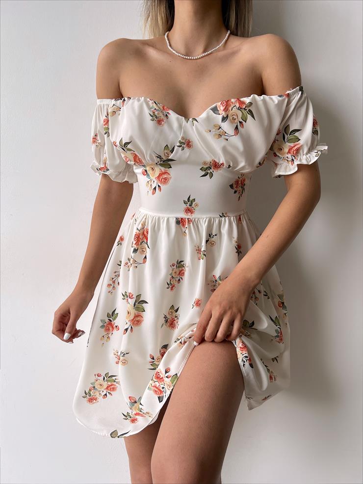 Düşük Kol Belden Oturtmalı Harvey Kadın Bej Çiçekli Mini Elbise 23Y000243