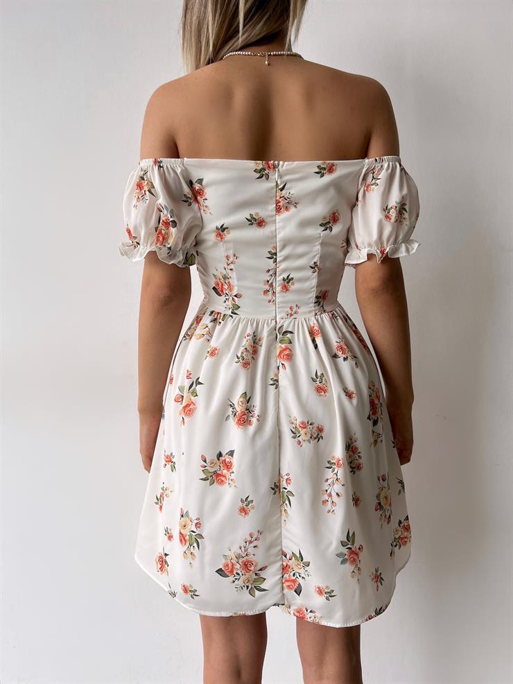 Düşük Kol Belden Oturtmalı Harvey Kadın Bej Çiçekli Mini Elbise 23Y000243