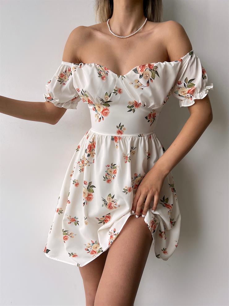 Düşük Kol Belden Oturtmalı Harvey Kadın Bej Çiçekli Mini Elbise 23Y000243