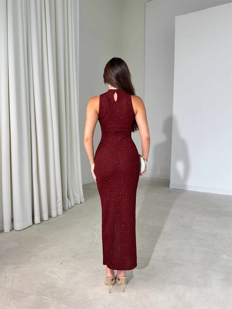 Halter Yaka Önden Yırtmaçlı Midi Boy Bordo Hasre Kadın Elbise 26Y502
