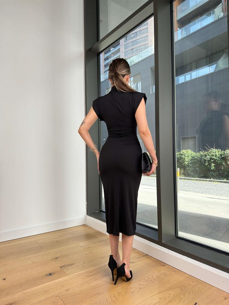 Balıkçı Yaka Kolsuz Havlock Siyah Kadın Midi Elbise 25K494