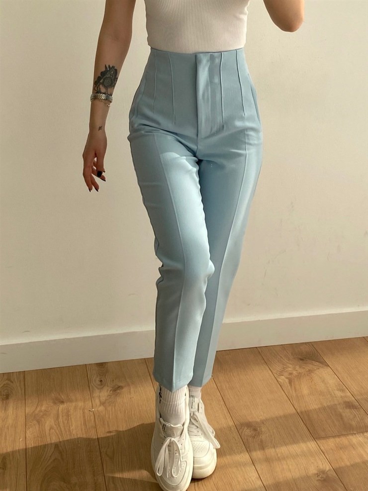 Havuç Model Dekoratif Pensli Yüksek Bel Kadın Mavi Pantolon 21K000071