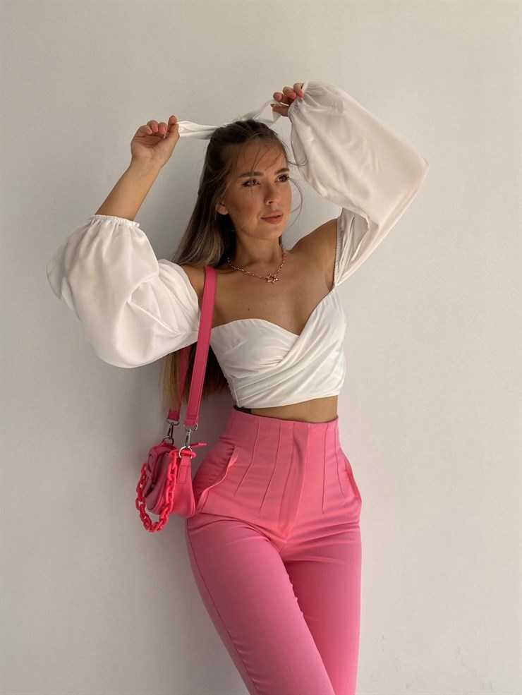 Havuç Model Dekoratif Pensli Yüksek Bel Kadın Pembe Pantolon 21K000071