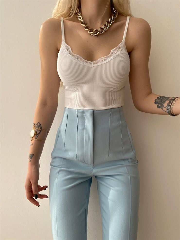 Havuç Model Dekoratif Pensli Yüksek Bel Kadın Mavi Pantolon 21K000071