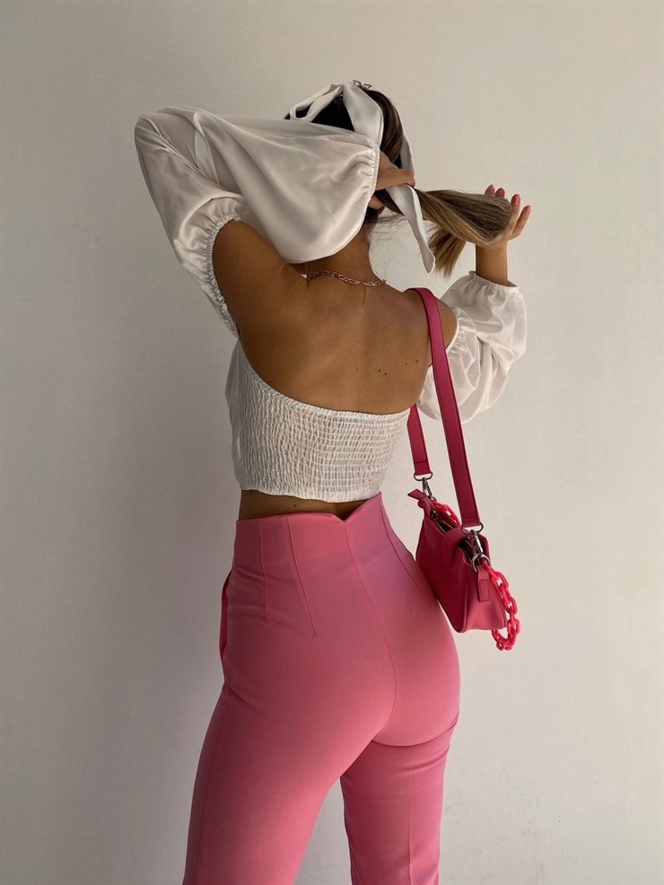 Havuç Model Dekoratif Pensli Yüksek Bel Kadın Pembe Pantolon 21K000071