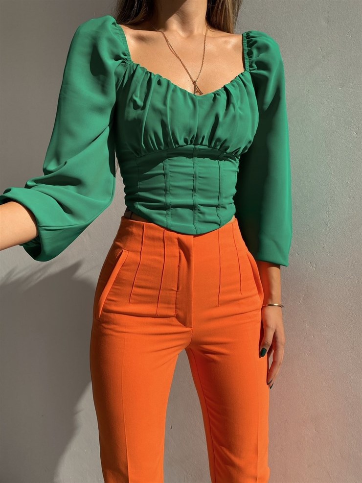 Havuç Model Dekoratif Pensli Yüksek Bel Kadın Turuncu Pantolon 21K000071