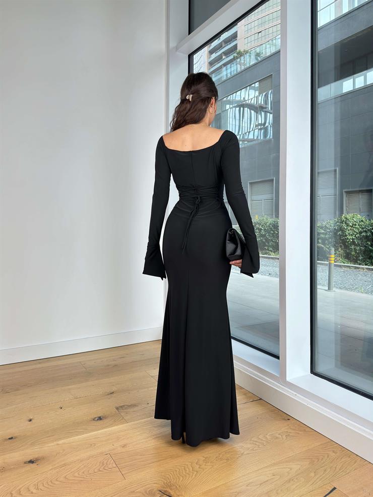 Uzun Kol Yuvarlak Yaka Streç Hayden Siyah Kadın Elbise 25K344