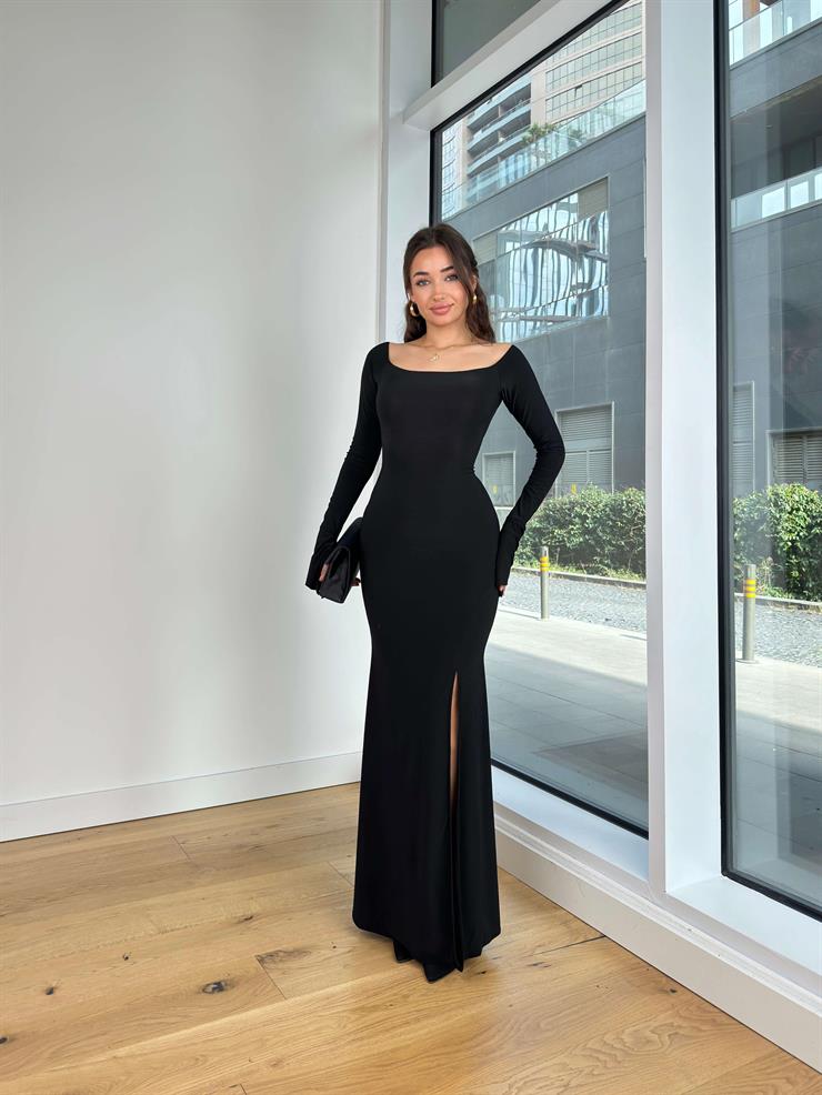 Uzun Kol Yuvarlak Yaka Streç Hayden Siyah Kadın Elbise 25K344