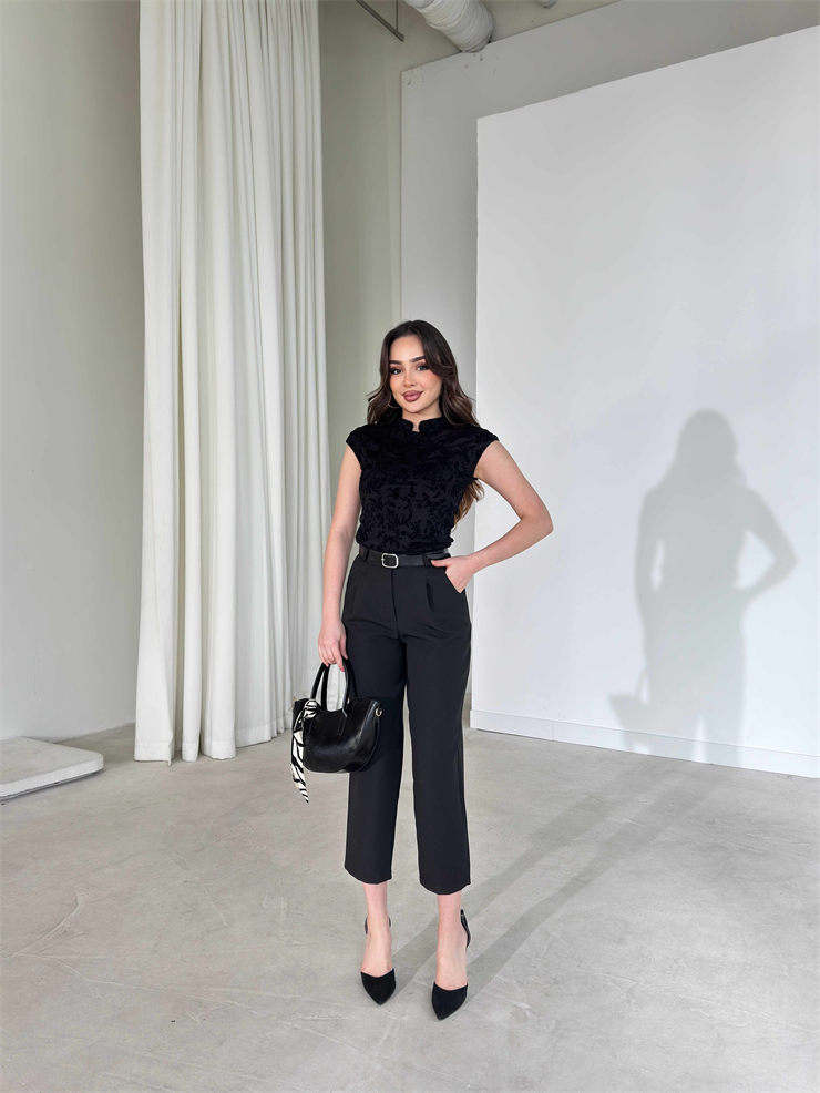 Kemerli Siyah Heather Kadın Pantolon 26Y175