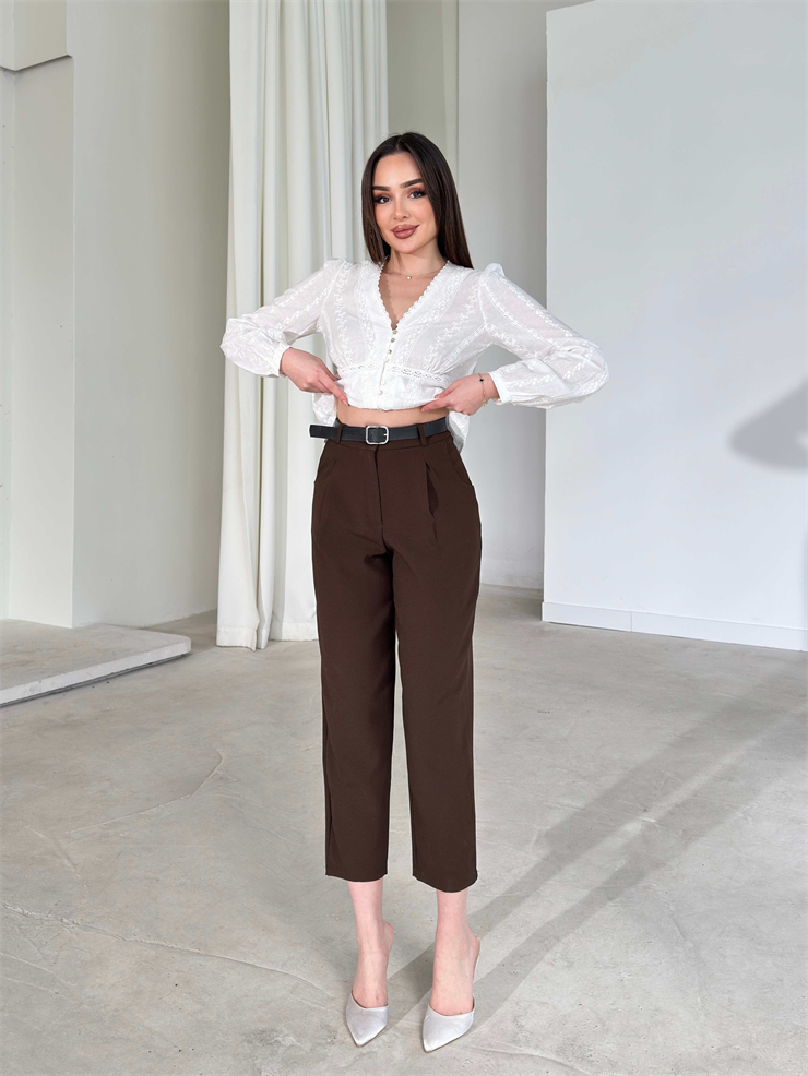 Kemerli Kahverengi Heather Kadın Pantolon 26Y175