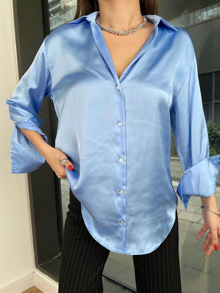 Heilo Kadın Açık Mavi Basic Saten Gömlek 24k356