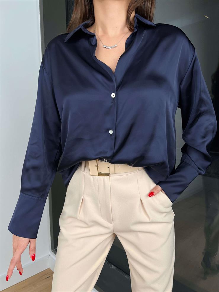 Heilo Kadın Lacivert Basic Saten Gömlek 24k356