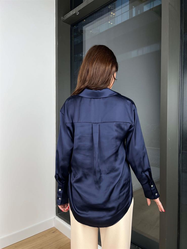 Heilo Kadın Lacivert Basic Saten Gömlek 24k356