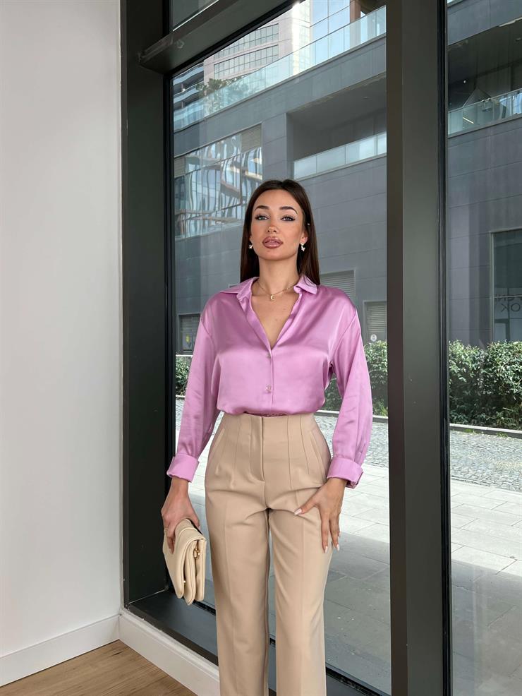 Heilo Kadın Lila Basic Saten Gömlek 24k356