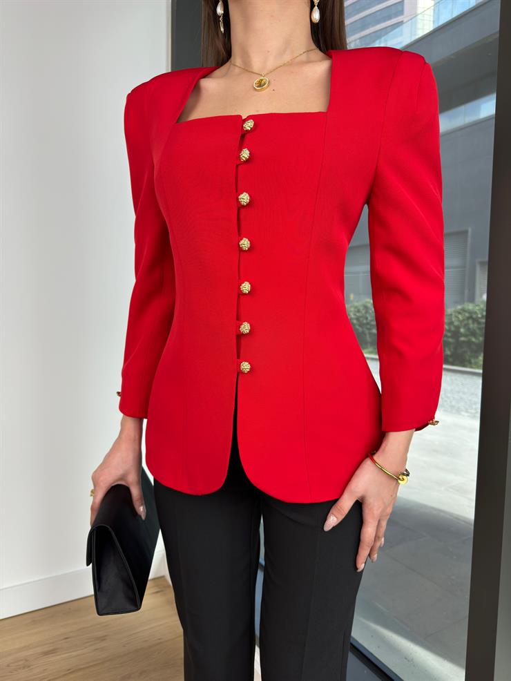 Kare Yaka Omuz Vatkalı Önü Düğme Kapamalı Helder Kadın Kırmızı Ceket 24Y095