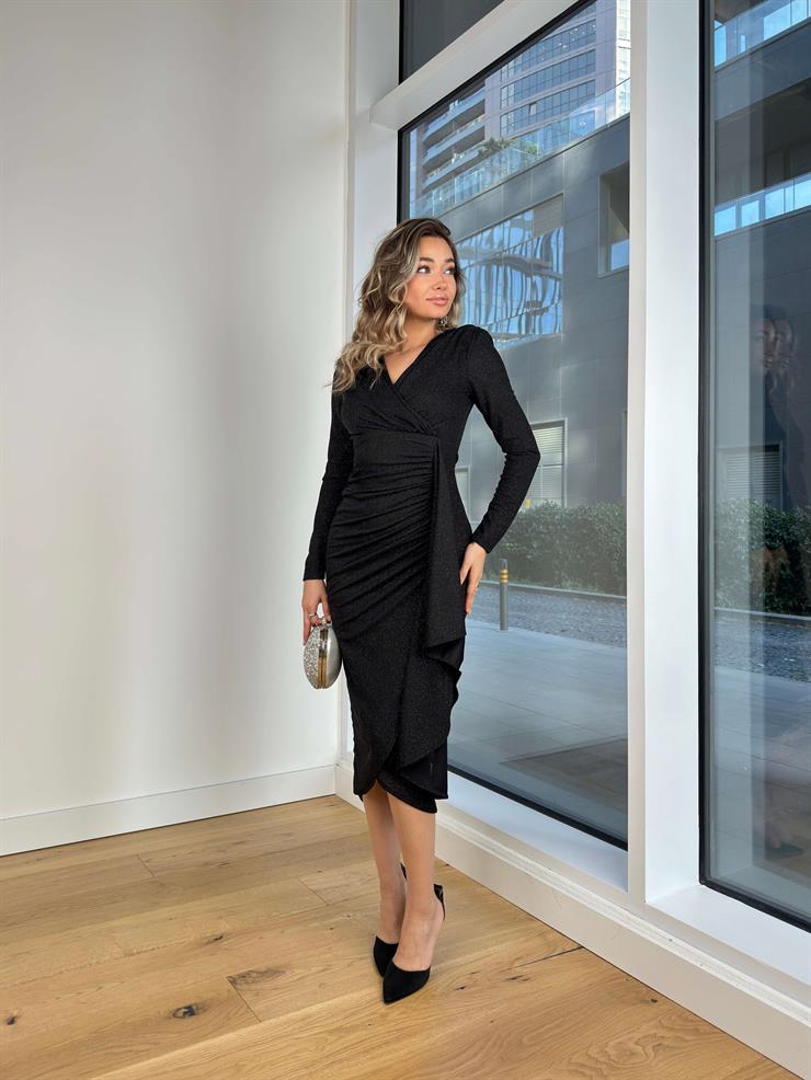 Kruvaze Yaka Uzun Kol Drapeli Heldi Siyah Kadın Midi Elbise 25K393