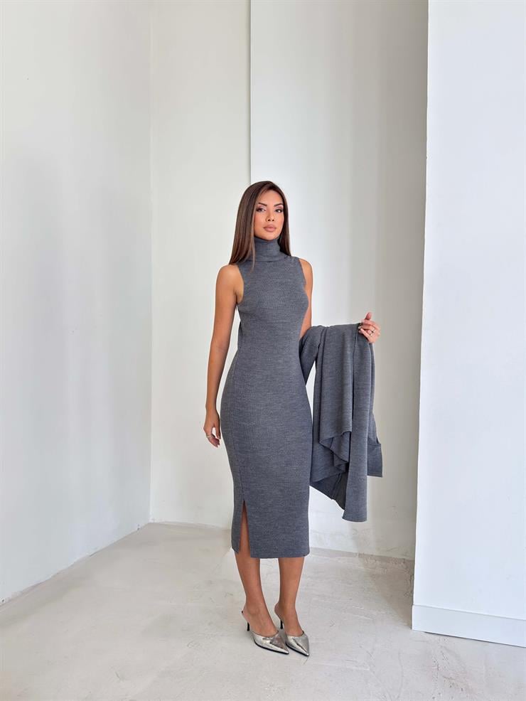 Boğazlı Elbisesi Yırtmaçlı Heldo Kadın Gri İkili Triko Takım 26K094