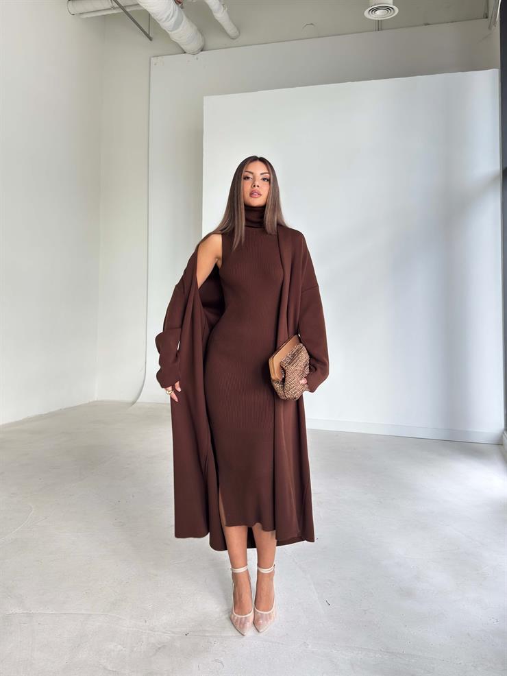 Boğazlı Elbisesi Yırtmaçlı Heldo Kadın Kahve İkili Triko Takım 26K094