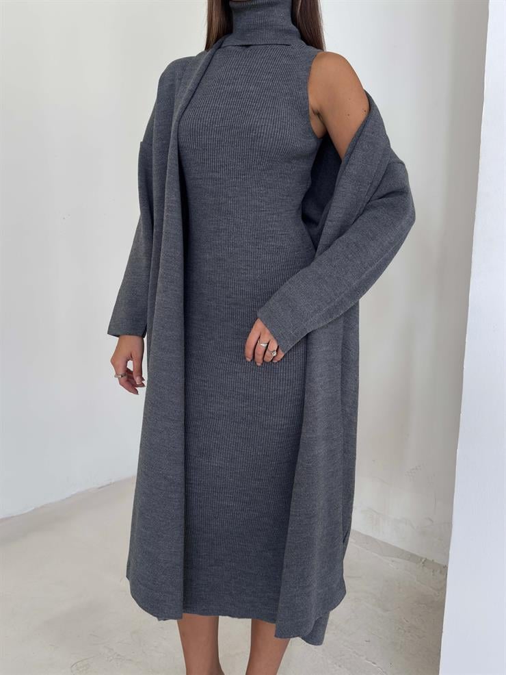 Boğazlı Elbisesi Yırtmaçlı Heldo Kadın Gri İkili Triko Takım 26K094