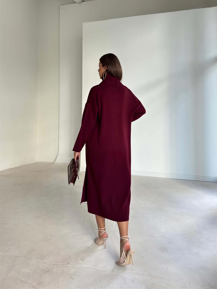 Boğazlı Elbisesi Yırtmaçlı Heldo Kadın Bordo İkili Triko Takım 26K094