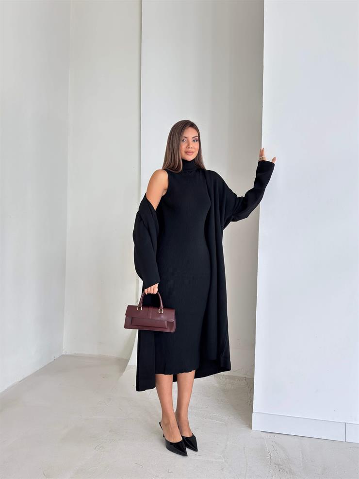 Boğazlı Elbisesi Yırtmaçlı Heldo Kadın Siyah İkili Triko Takım 26K094