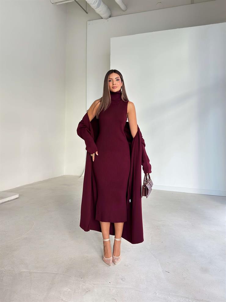 Boğazlı Elbisesi Yırtmaçlı Heldo Kadın Bordo İkili Triko Takım 26K094