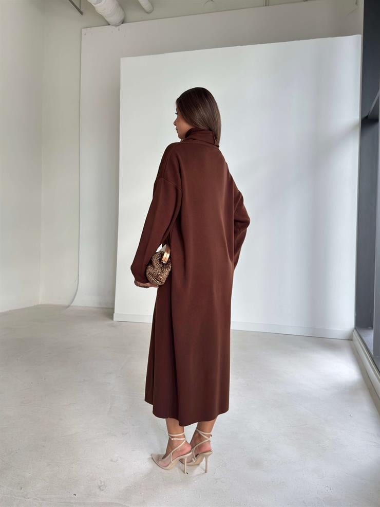 Boğazlı Elbisesi Yırtmaçlı Heldo Kadın Kahve İkili Triko Takım 26K094