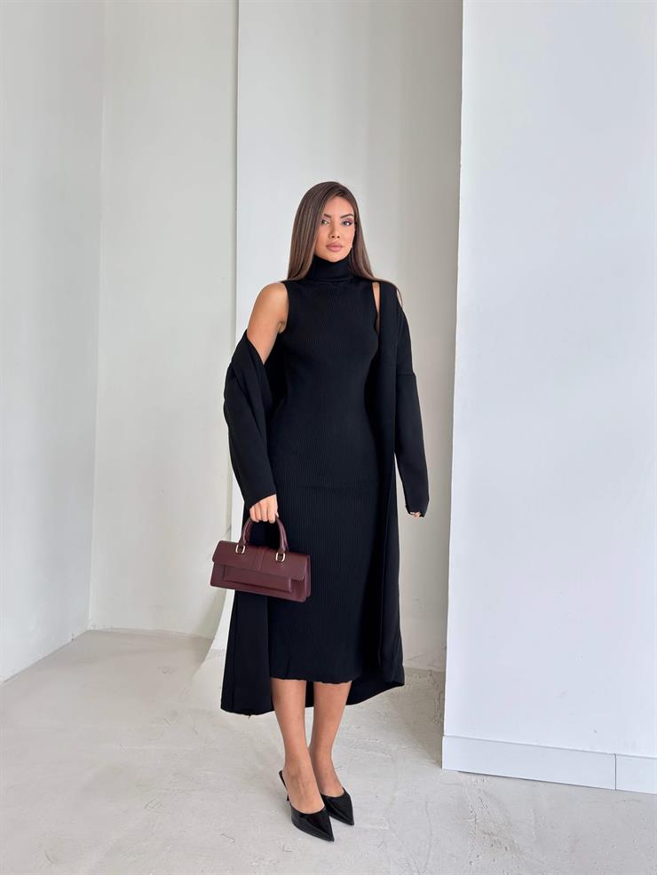 Boğazlı Elbisesi Yırtmaçlı Heldo Kadın Siyah İkili Triko Takım 26K094