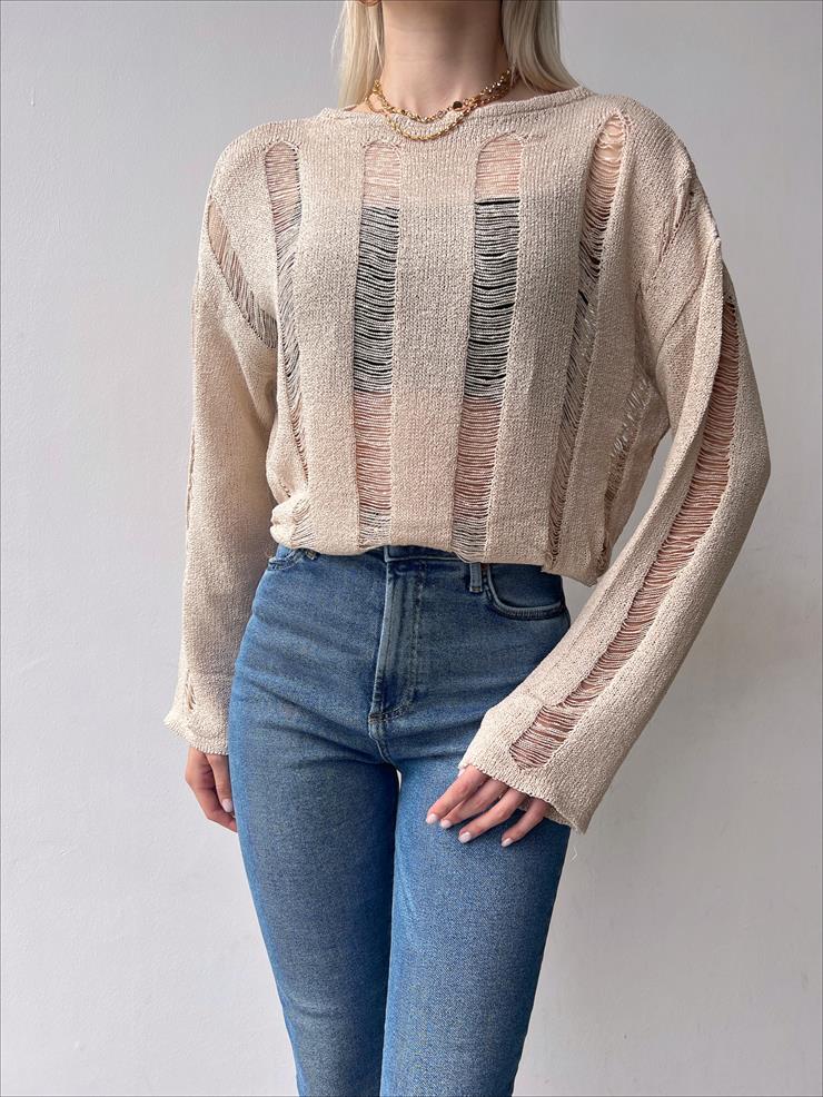 Uzun Kollu Transparan Helen Kadın Vizon Fantastik Bluz 23Y000215