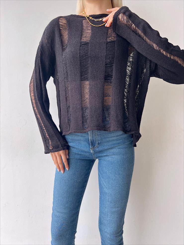 Uzun Kollu Transparan Helen Kadın Siyah Fantastik Bluz 23Y000215