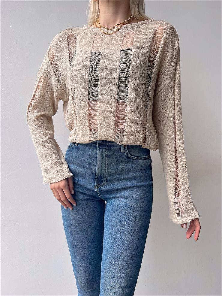 Uzun Kollu Transparan Helen Kadın Vizon Fantastik Bluz 23Y000215