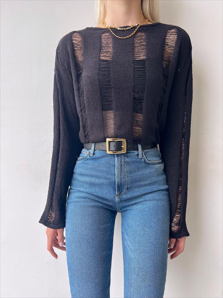 Uzun Kollu Transparan Helen Kadın Siyah Fantastik Bluz 23Y000215