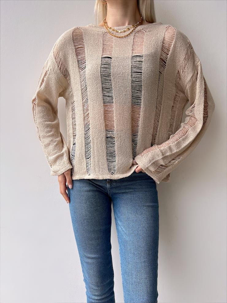 Uzun Kollu Transparan Helen Kadın Vizon Fantastik Bluz 23Y000215