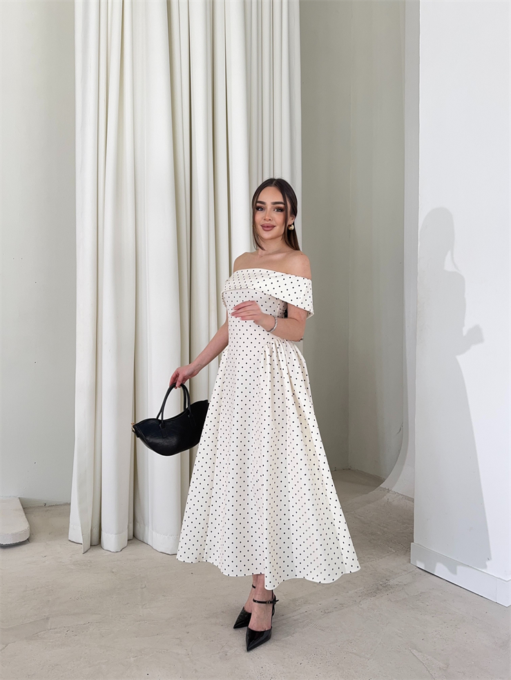 Madonna Yaka Puantiyeli Yandan Pileli Midi Boy Krem Helena Kadın Elbise 26Y137